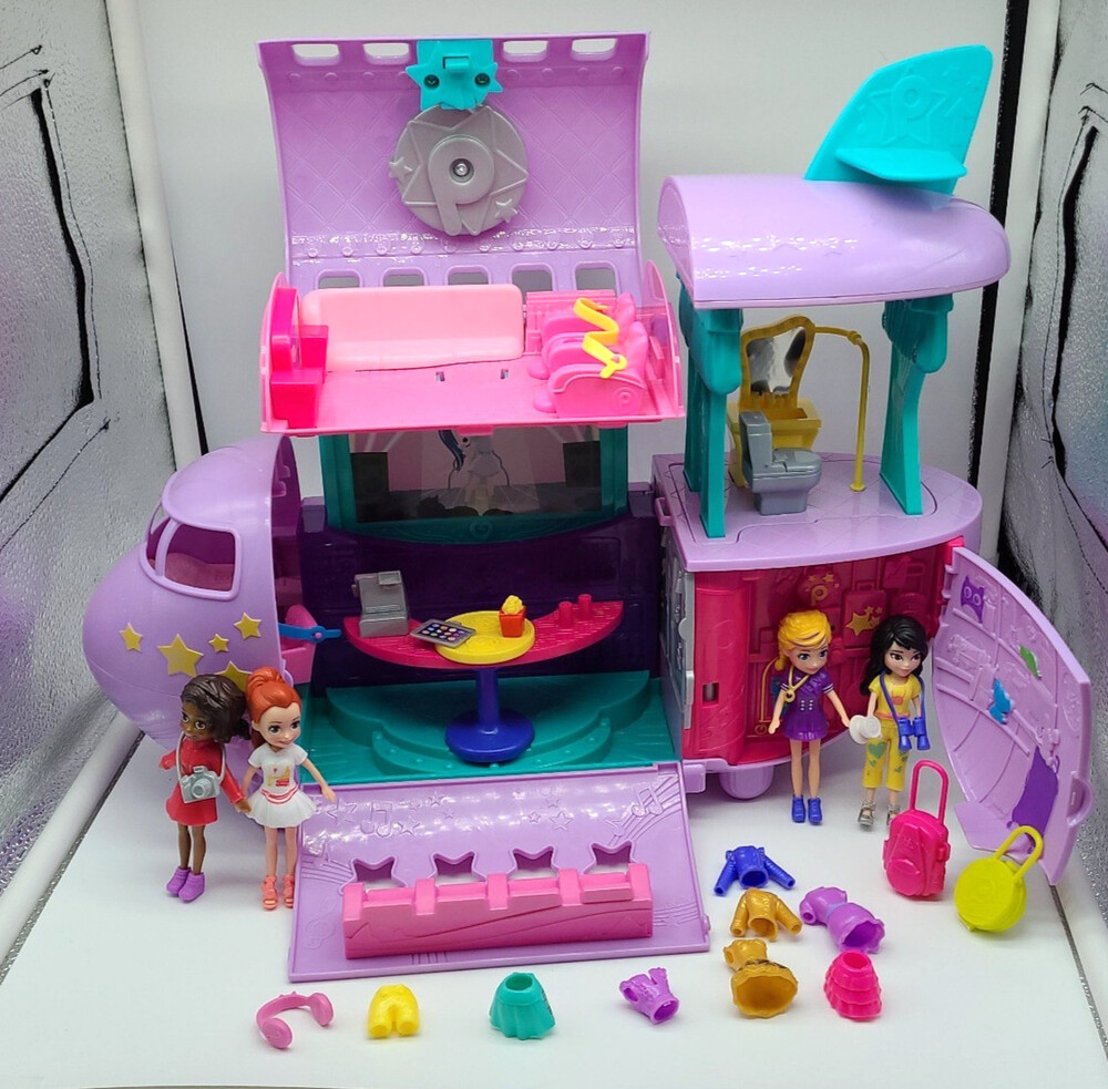 Polly Pocket Jumbo Jet Airplane Playset Mattel 2007 SUV Car Dolls Clothes Lot